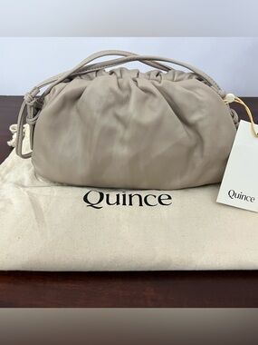 Quince Taupe Drawstring Ruched Leather Shoulder Bag